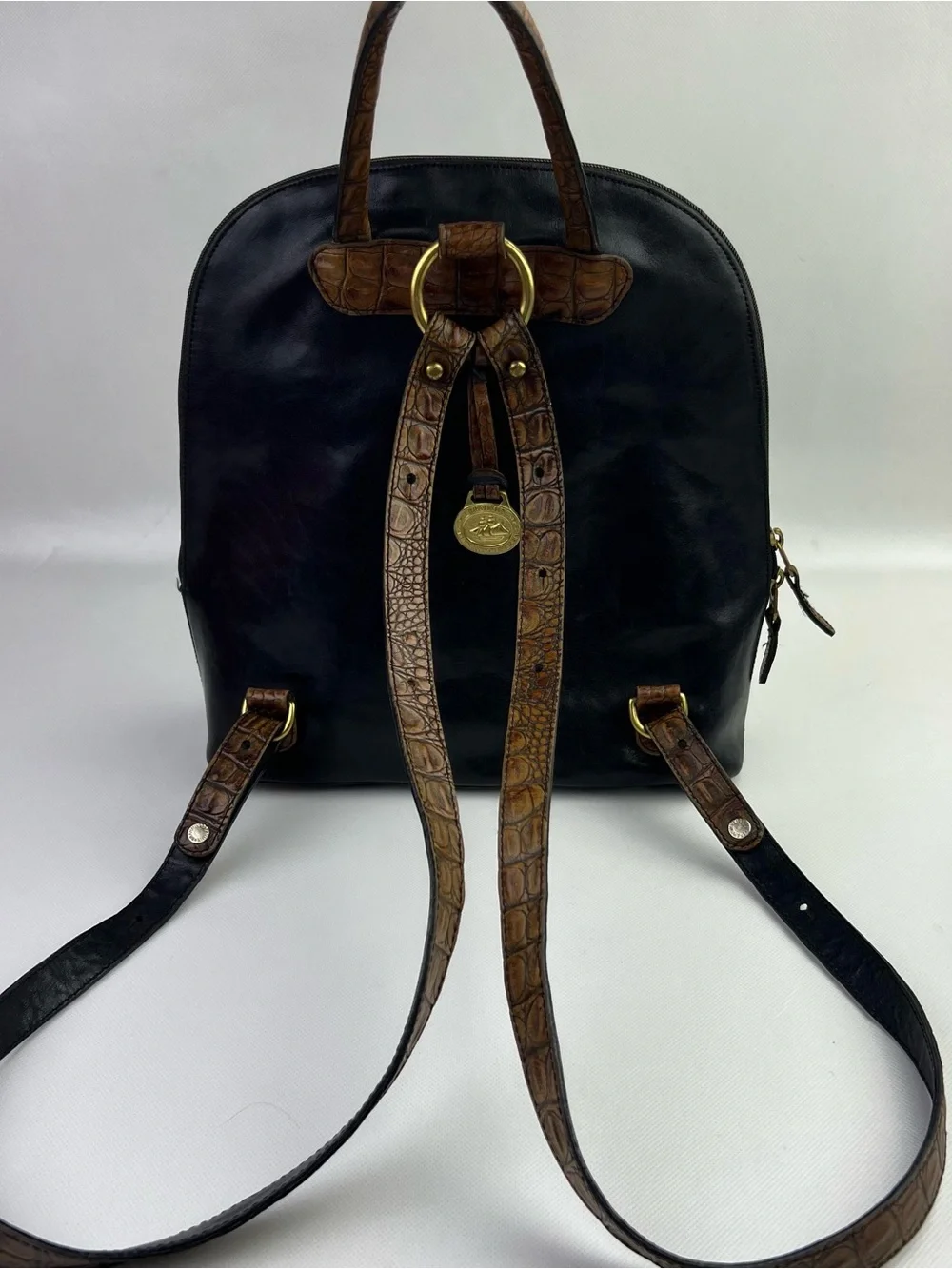 VTG Brahmin Leather Black Brown Croc Print Straps Tuscan Backpack Purse